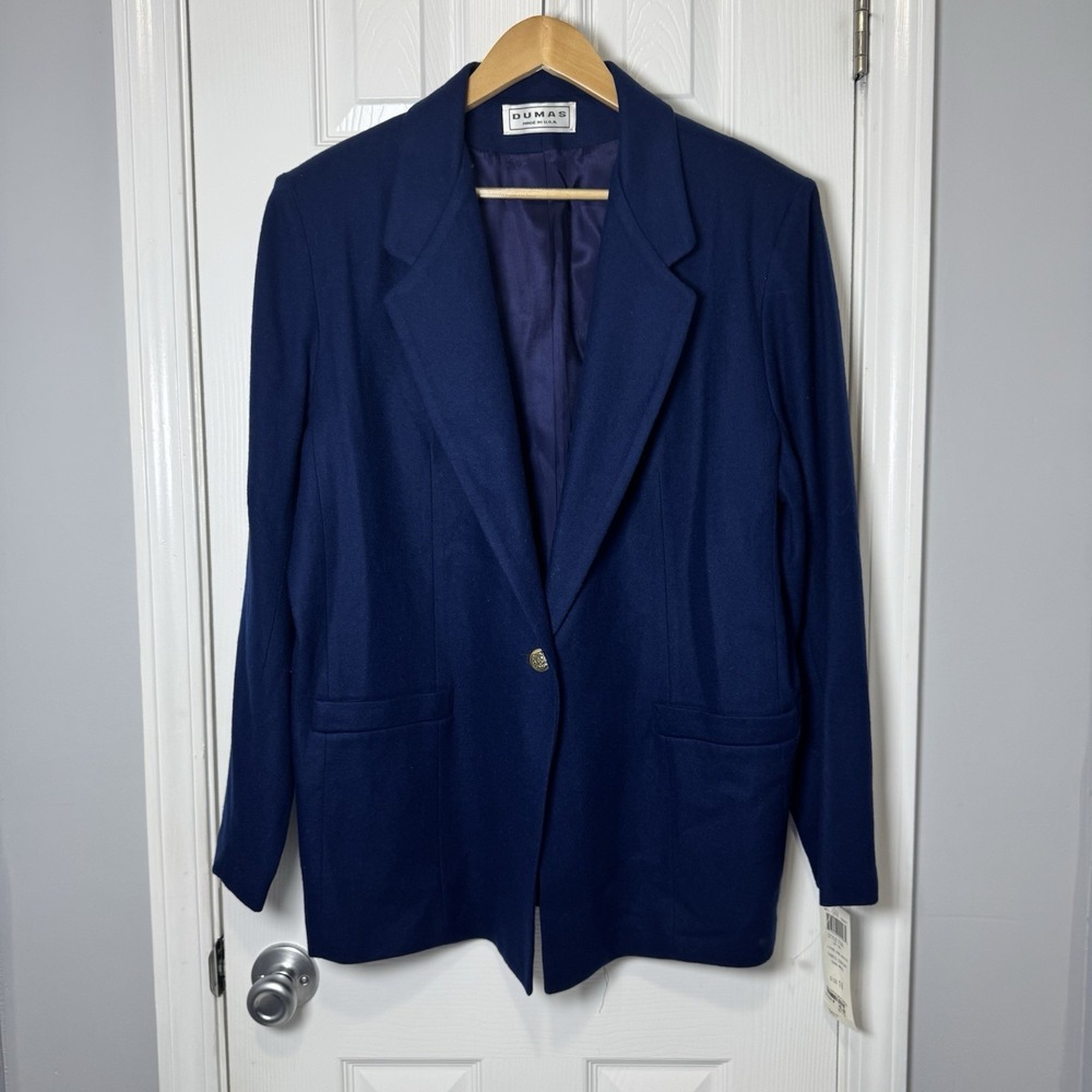 Vintage Dumas Women's Wool Coat Blazer Single Breasted Navy Size 16 Gold Buttons